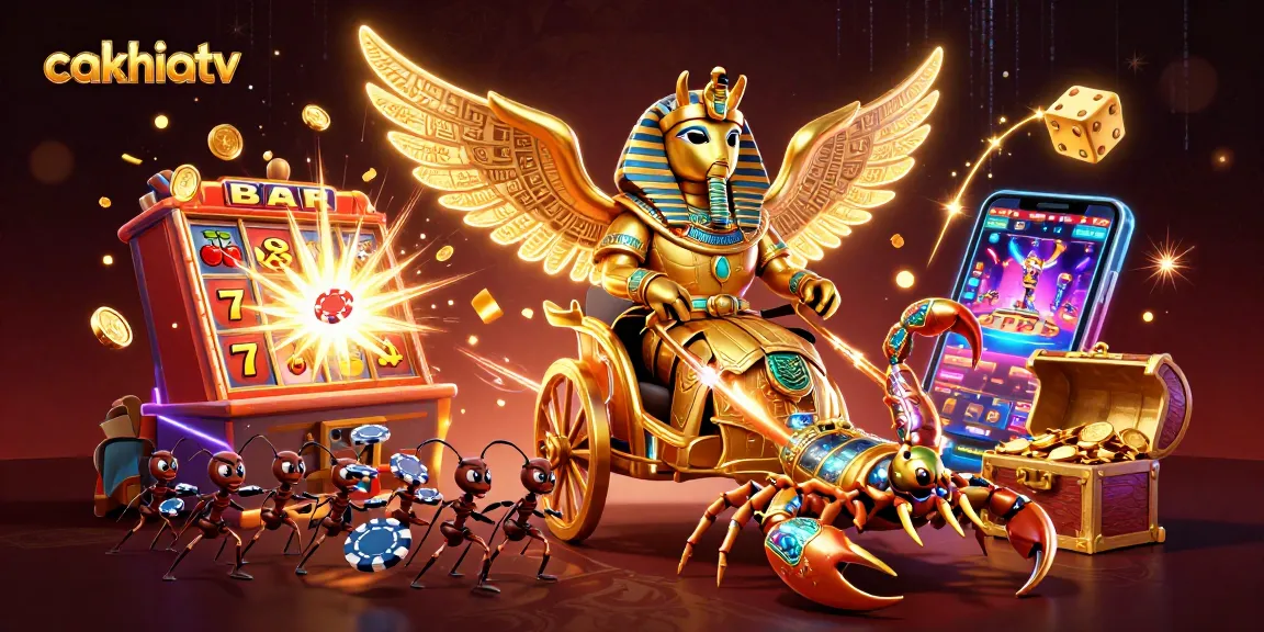 CakhiaTV features an exciting golden scarab beetle scene illustrating thrilling casino action with slot machines and poker challenges.