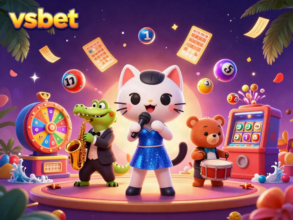 Experience the thrill of VSBET with vibrant lottery balls and dynamic characters in a lively casino scene.