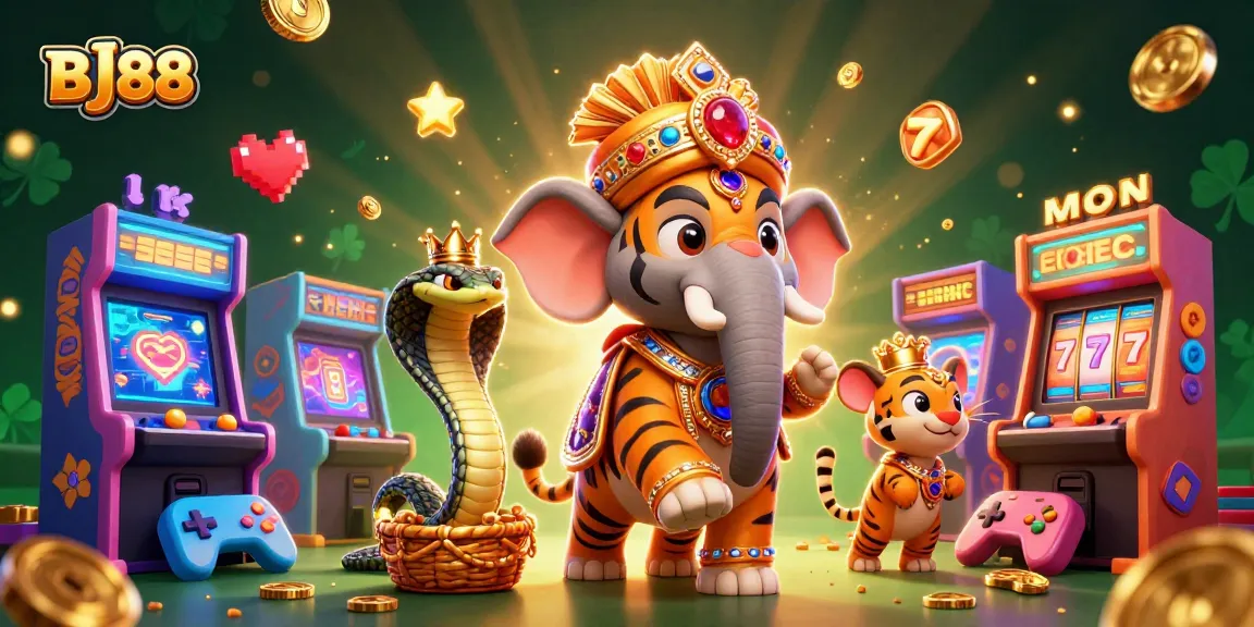Experience the excitement of BJ88 with vibrant slot reels and game elements in a dynamic 3D casino scene.