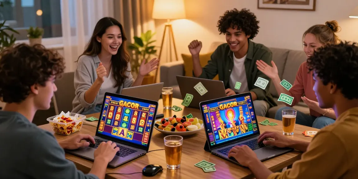 Excited players enjoying slot gacor games online in a cozy living room.