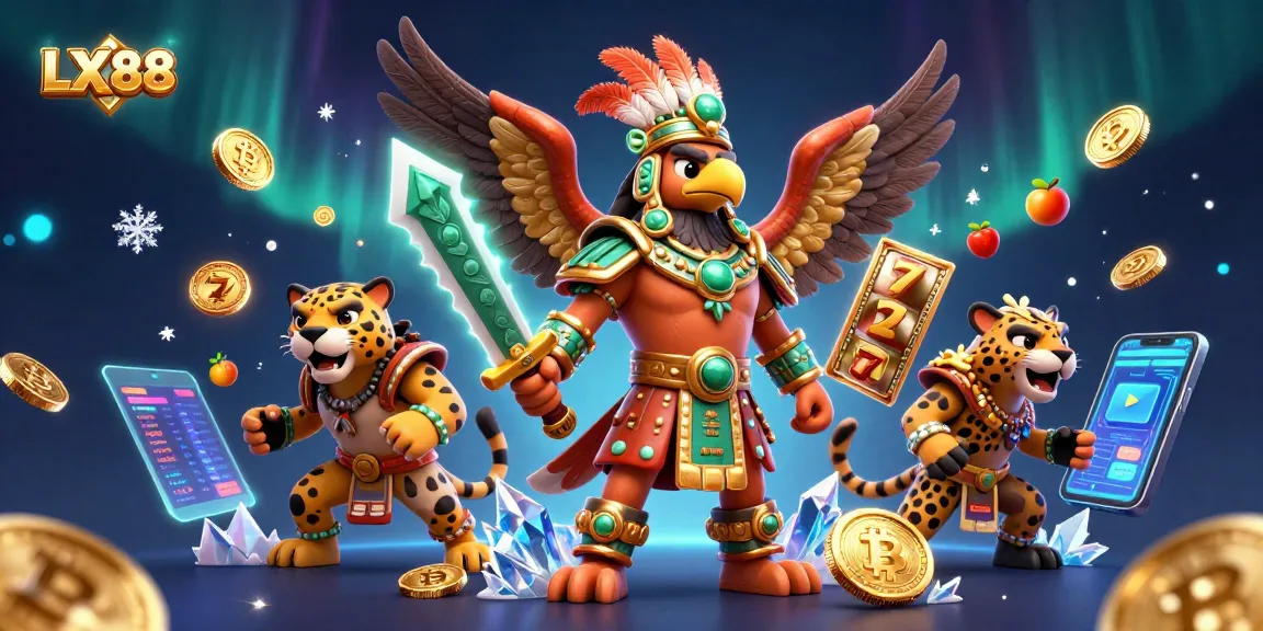 Engage with top-tier games at LX88, featuring vibrant Aztec warriors amid dynamic slot and cryptocurrency elements.