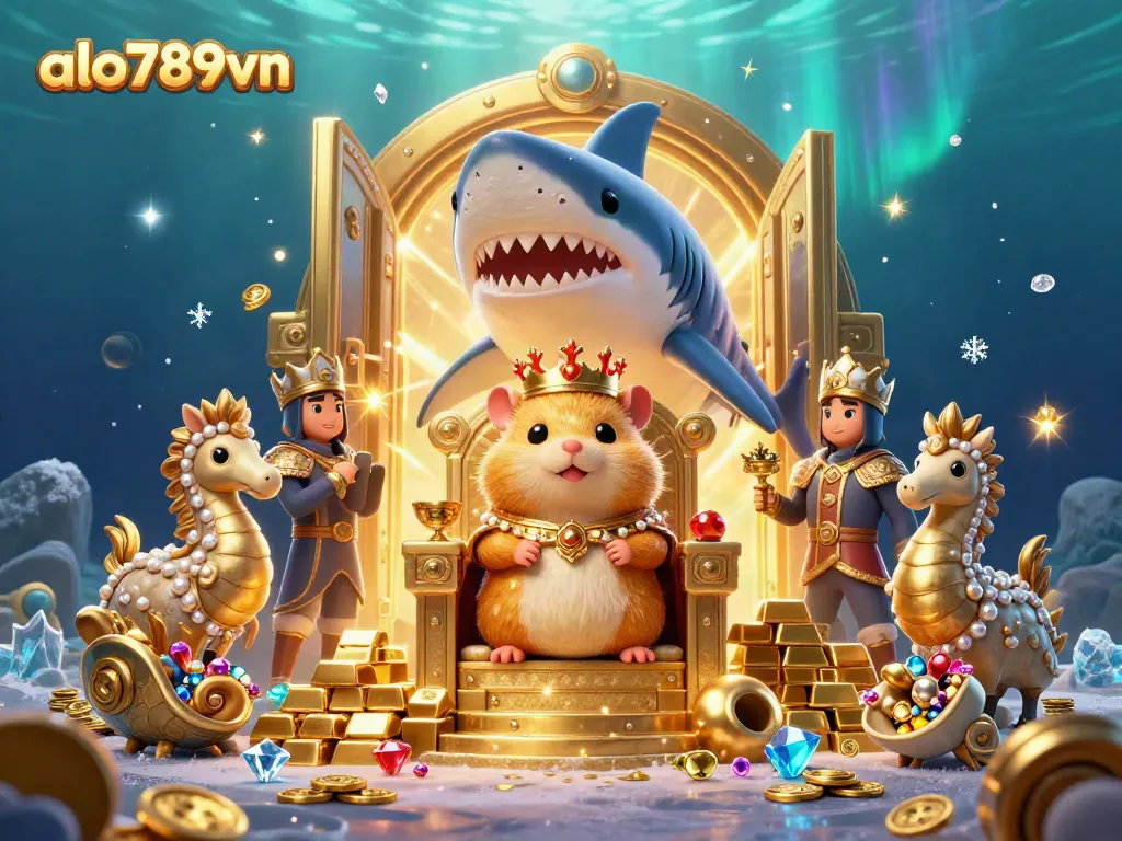 Engage with the thrilling world of alo789vn featuring a golden hamster king on a shark tooth throne amid treasures.