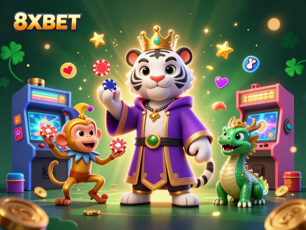 Experience thrilling games with 8XBET's lively casino atmosphere filled with vibrant characters and gaming elements.