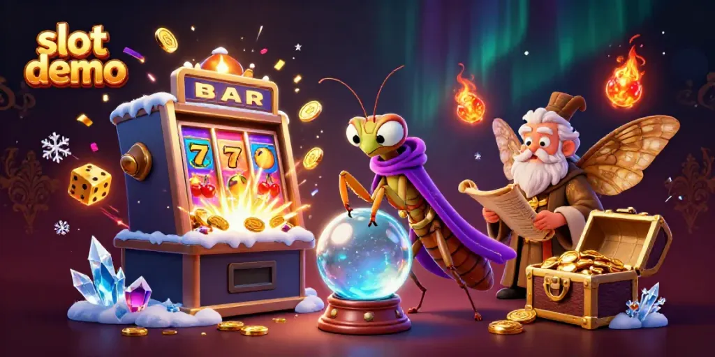 Slot demo menarik yang menunjukkan mesin slot dan karakter mistis di kasino.