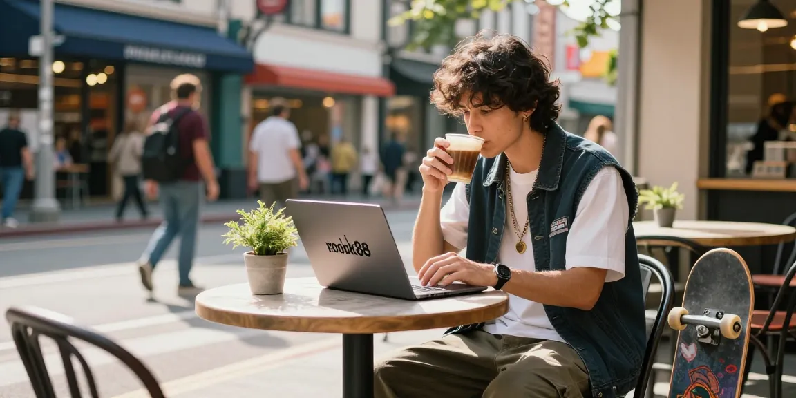 Youthful individual exploring rokok88 merchandise at a trendy café