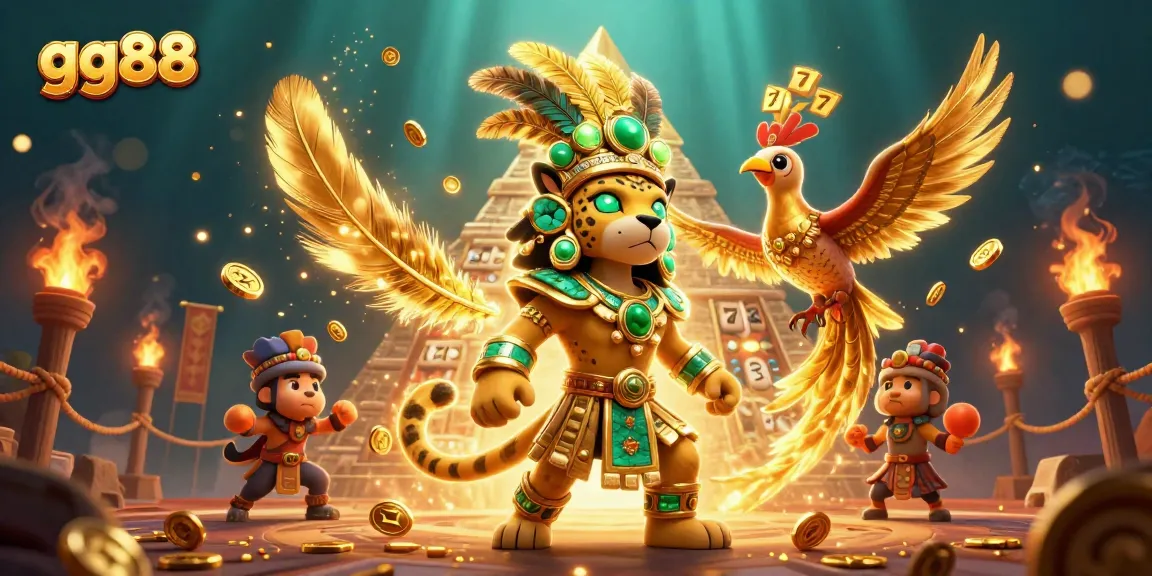 Engage with gg88's vibrant slot game scene featuring the Mayan jaguar priest and golden treasures.