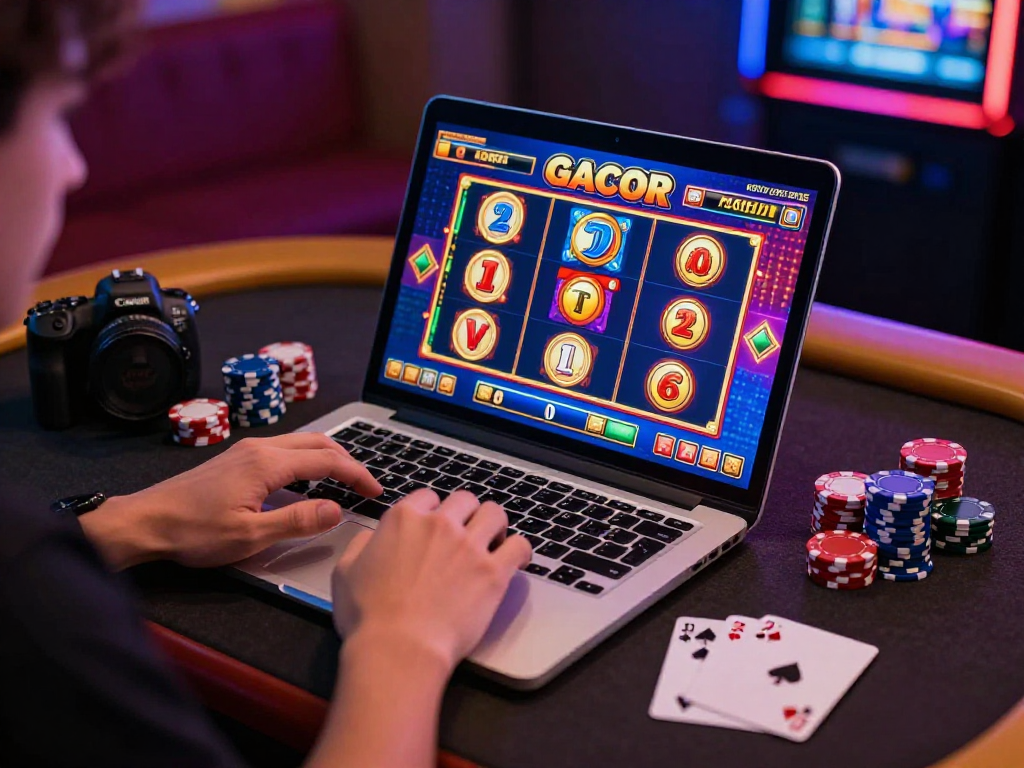 Excited player enjoying slot gacor games on a laptop in a vibrant gaming nook.