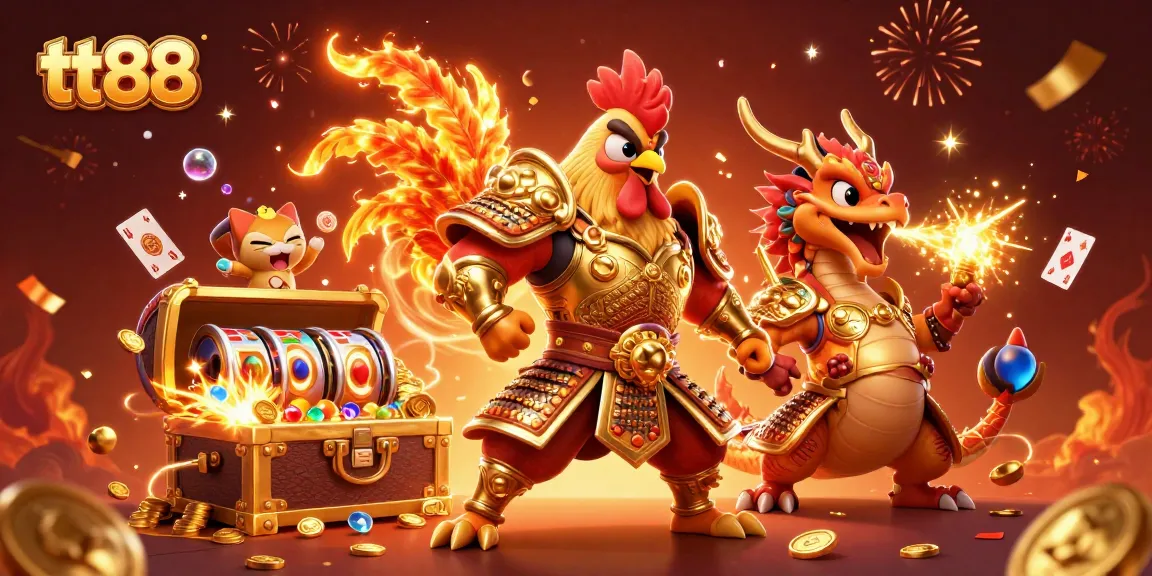 Experience thrilling gameplay with tt88, showcasing a rooster warrior and dragon in a vibrant casino scene.