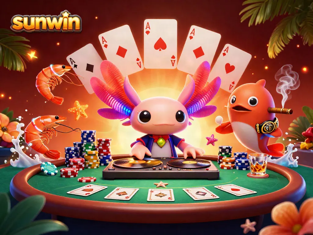 Experience the vibrant world of sunwin through a lively casino scene featuring an axolotl DJ, glowing shrimp dancers, and poker elements.
