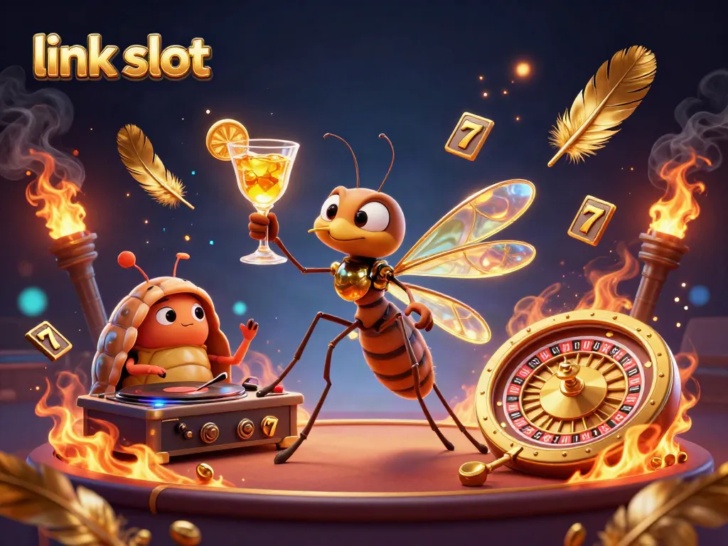Spin the reels with link slot, featuring a vibrant casino scene with animated characters and rich details.