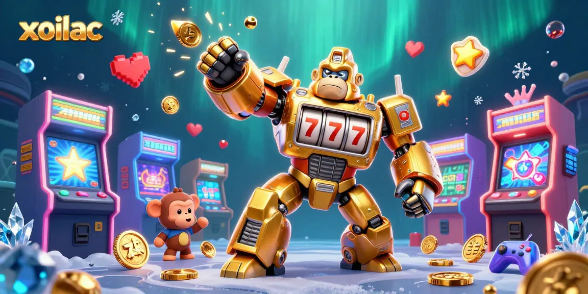 Xoilac's golden gorilla mech triumphantly punches through a vibrant casino scene packed with game elements.