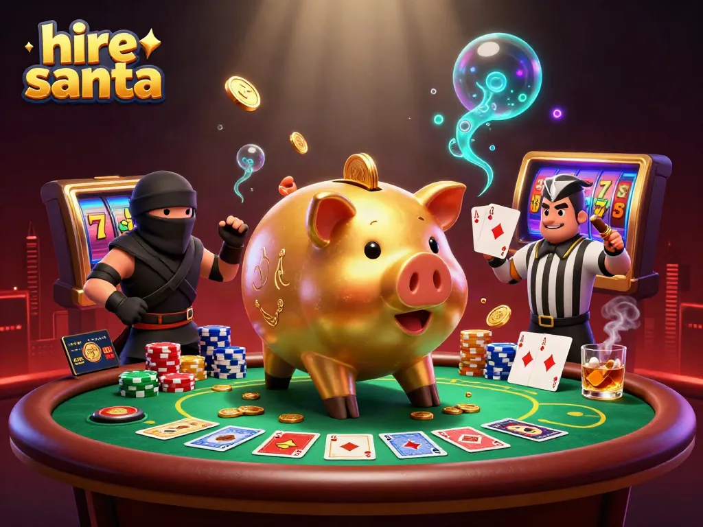 Hire Santa with gaming-themed elements in a dynamic 3D illustration showcasing casino excitement.