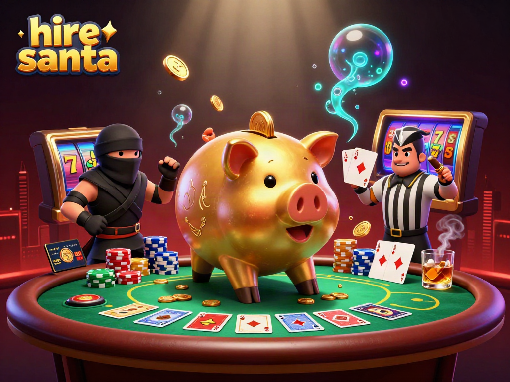 Hire Santa with gaming-themed elements in a dynamic 3D illustration showcasing casino excitement.