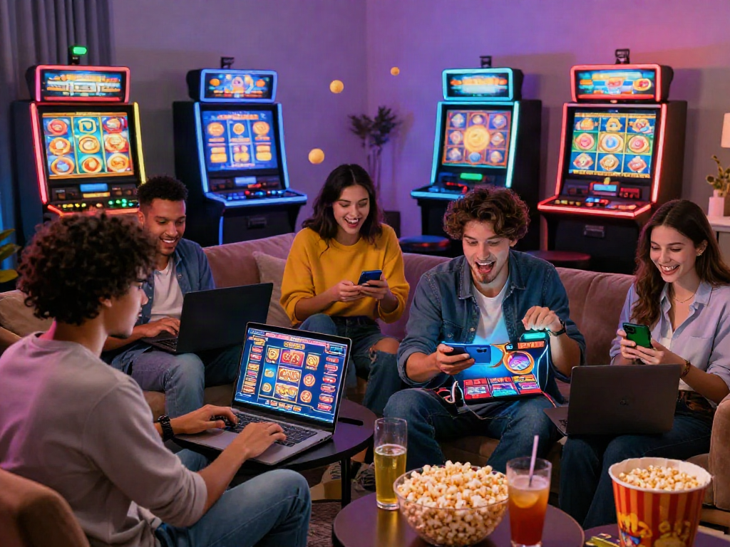 Diverse friends enjoying judi casino online in a vibrant living room, surrounded by gaming graphics and snacks.
