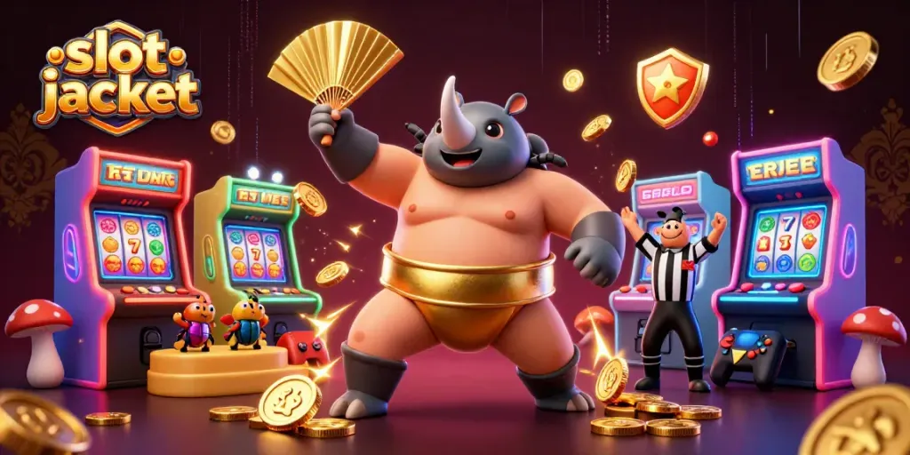 Experience the excitement of slot jackpots with a vibrant 3D illustration featuring a beetle champion and game elements.