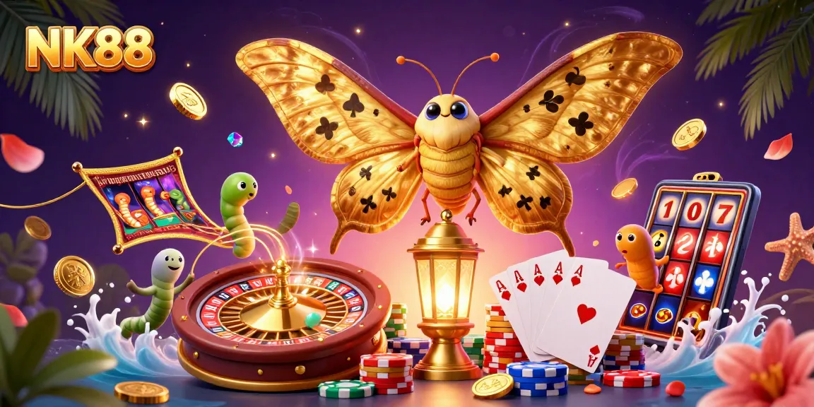 Experience thrilling wins with NK88 in this vibrant 3D casino illustration featuring games, golden treasures, and excitement.