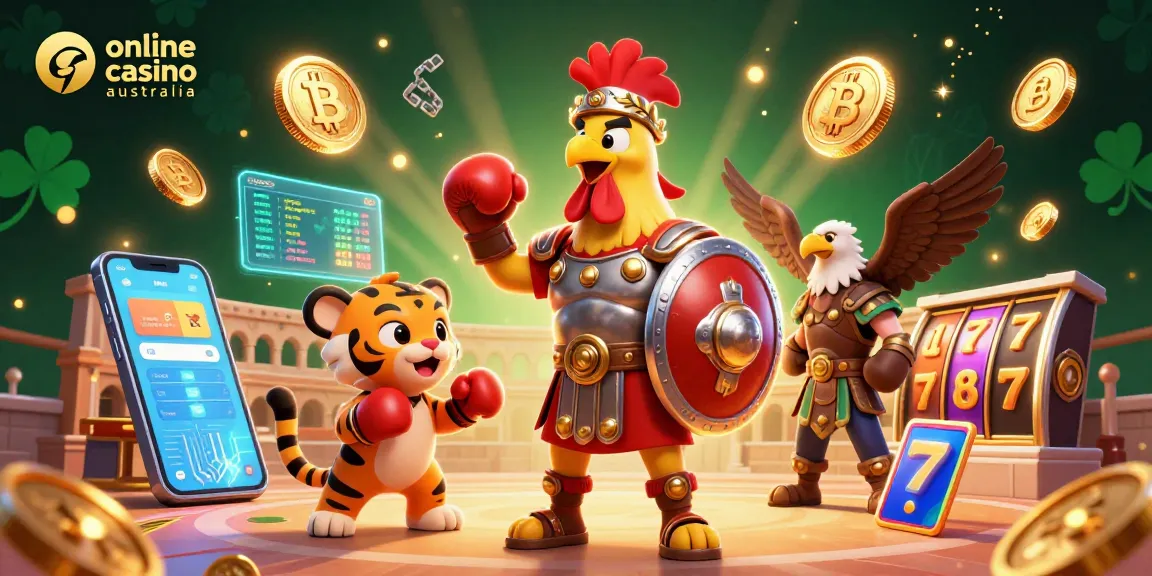 Online casino Australia showcases an exciting scene with a gladiator rooster, tiger cub, and eagle amidst vibrant crypto elements.