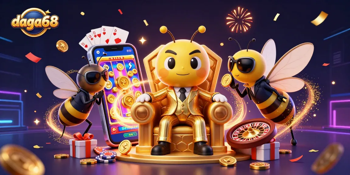Daga68 brings excitement with a bumblebee mob boss in a casino-themed illustration, showcasing vibrant gaming elements.