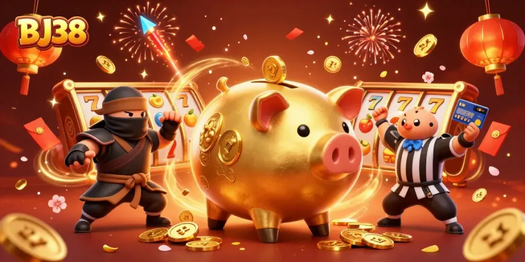 Experience the excitement of BJ38 in this vibrant 3D casino illustration with dynamic slot elements.