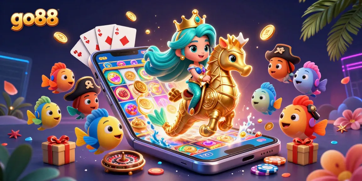 Engage with go88's vibrant casino life through a dynamic depiction of a mermaid and gaming treasures.