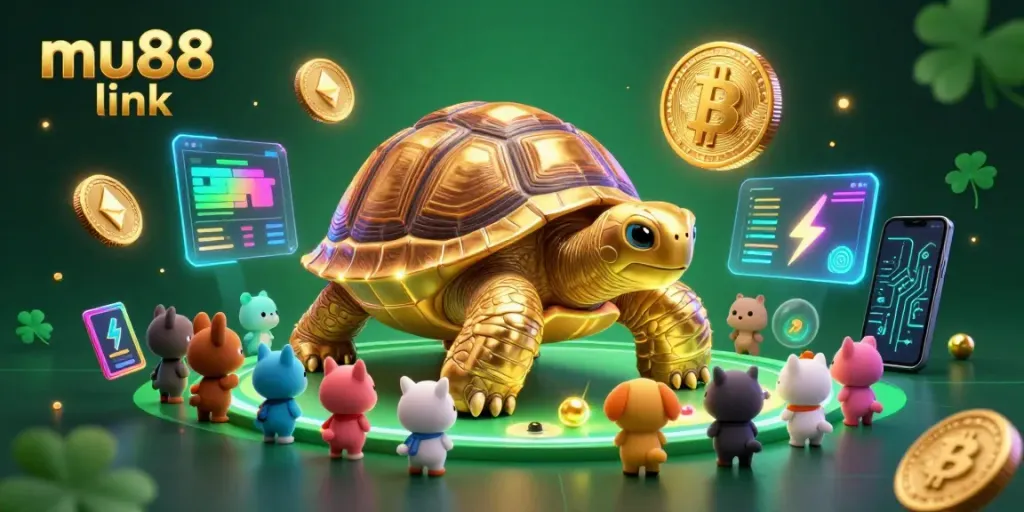 Engage with mu88 link through vibrant scenes of a chaotic casino atmosphere with animated tortoises and crypto elements.
