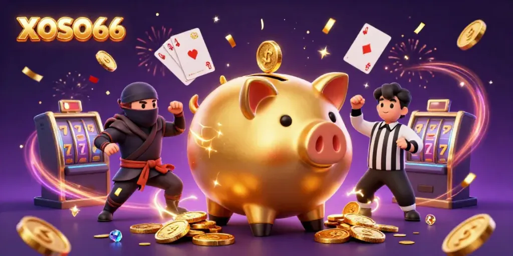 XOSO66 showcases a lively 3D casino scene with characters celebrating amidst golden coins and a roulette wheel.