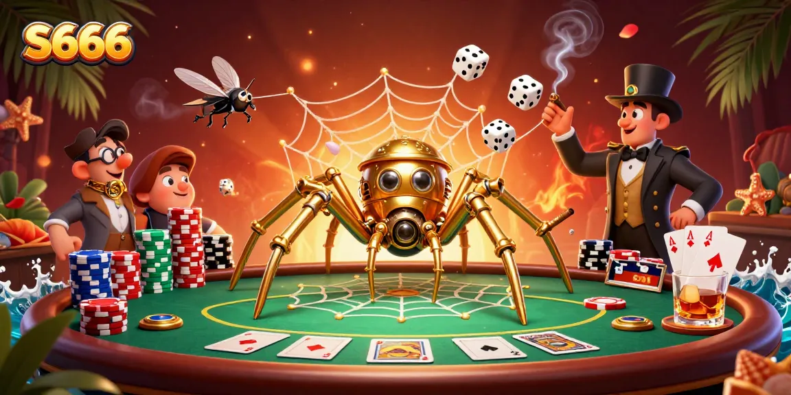 S666 showcases a dynamic 3D cartoon scene with poker elements and gambling excitement.
