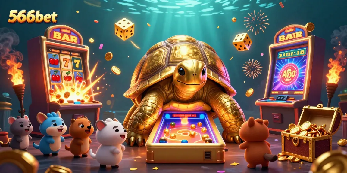Experience thrilling gameplay at 566bet with vibrant casino elements and a golden tortoise.