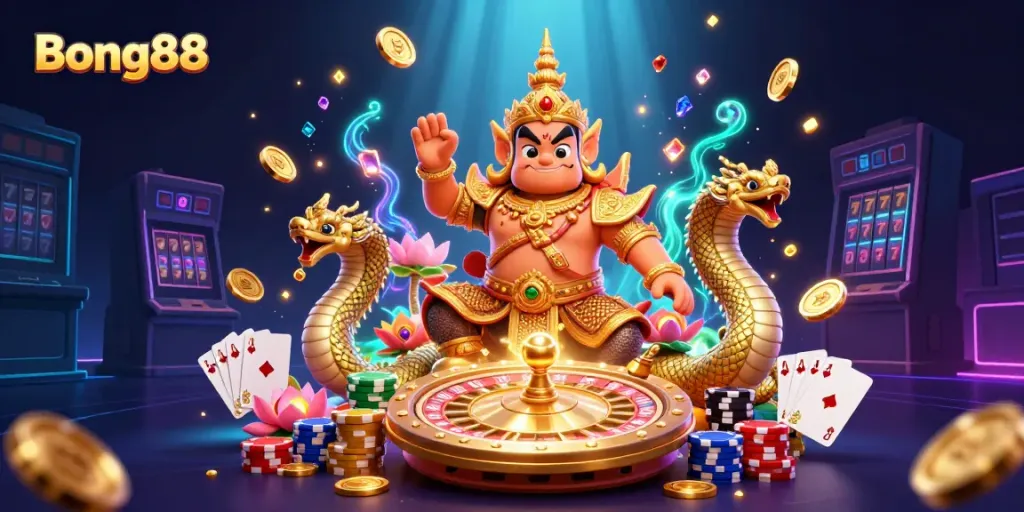 Bong88's vibrant casino scene with 3D guardian characters and dynamic gambling elements