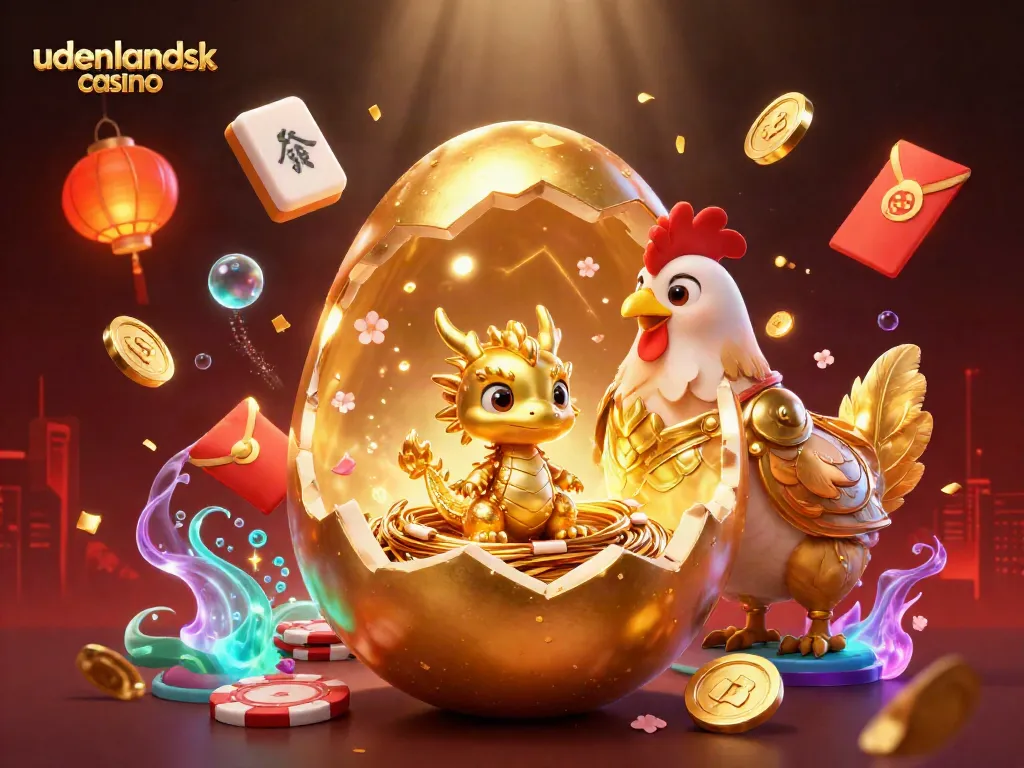Engage in udenlandsk casino with a baby dragon and golden poker chips amidst a magical scene.