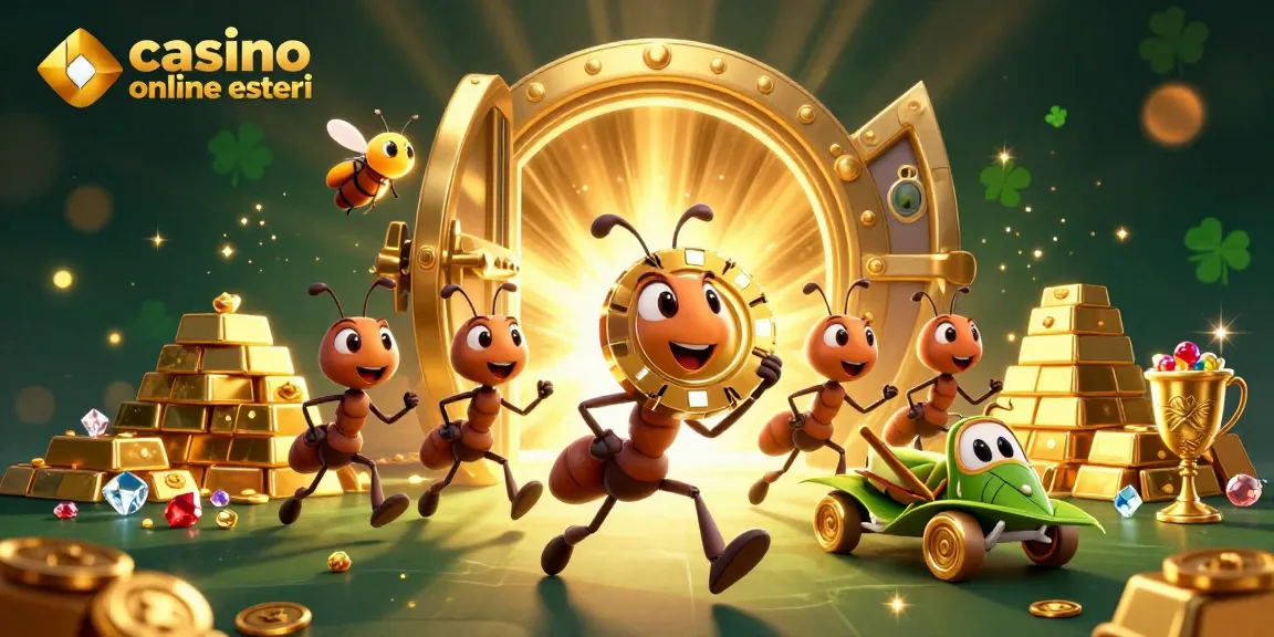Gioco nei casino online esteri con formiche che rubano una chip dorata e tesori scintillanti.