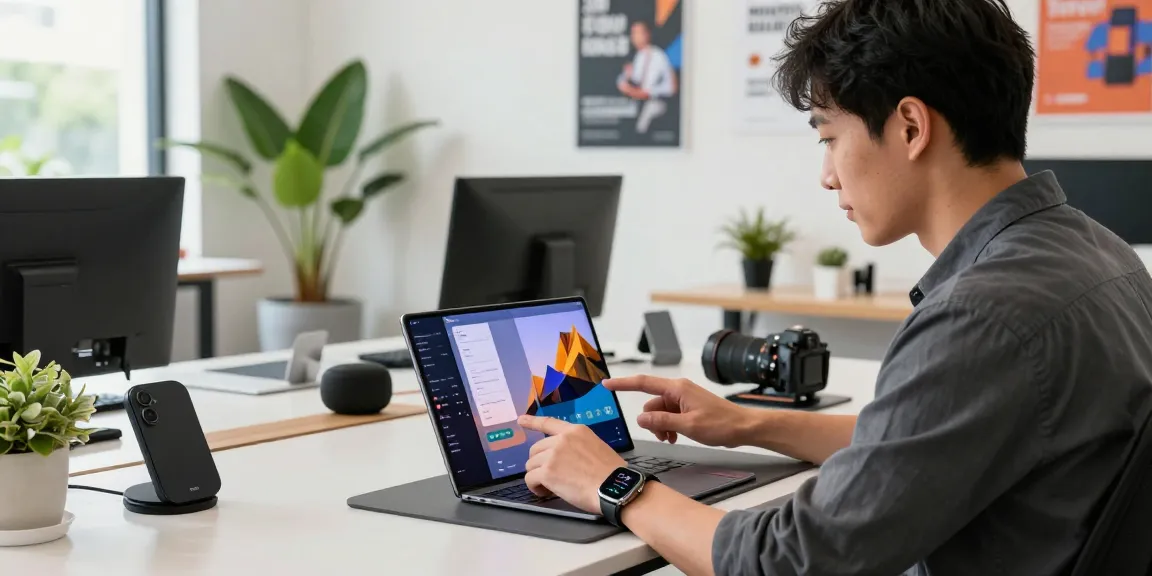 Youthful professional using the innovative Samsung Galaxy Z TriFold in a vibrant co-working space, showcasing its foldable design and multitasking capabilities.