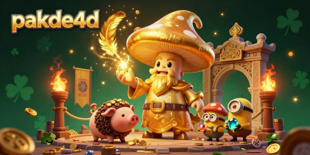 Experience the thrill of pakde4d with a dynamic scene of a golden mushroom wizard and treasure-hunting elements.