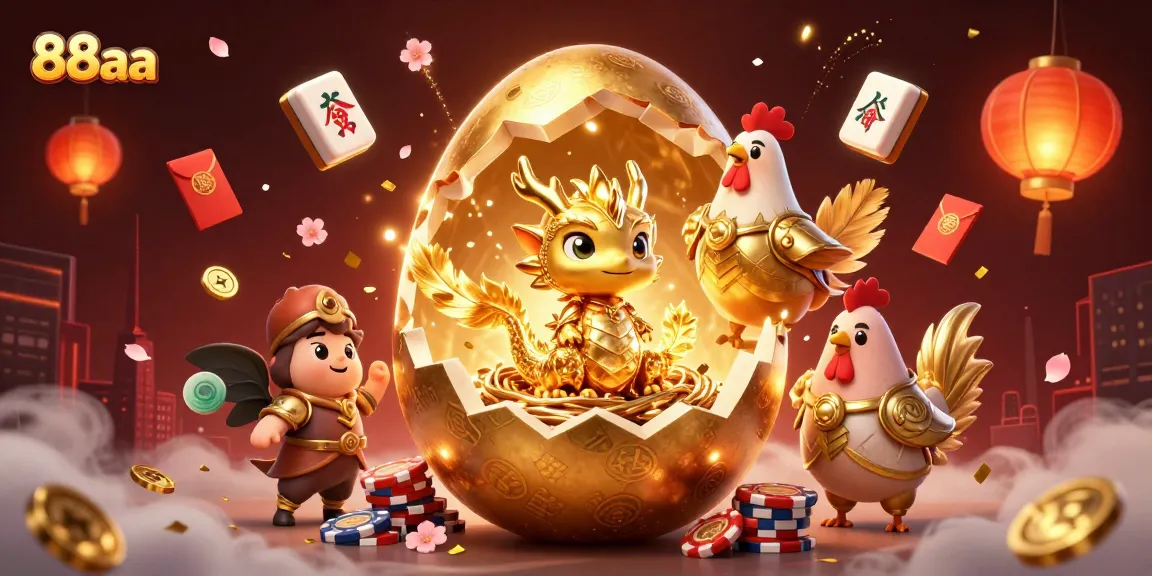 Experience the thrill of 88aa with this vibrant 3D illustration showcasing a golden dragon amidst casino elements.