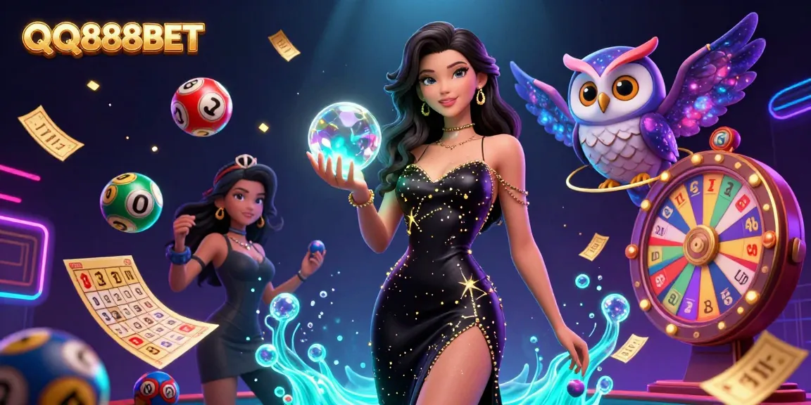 Experience the thrill of QQ888BET with vibrant casino elements and enchanting characters in this dynamic illustration.