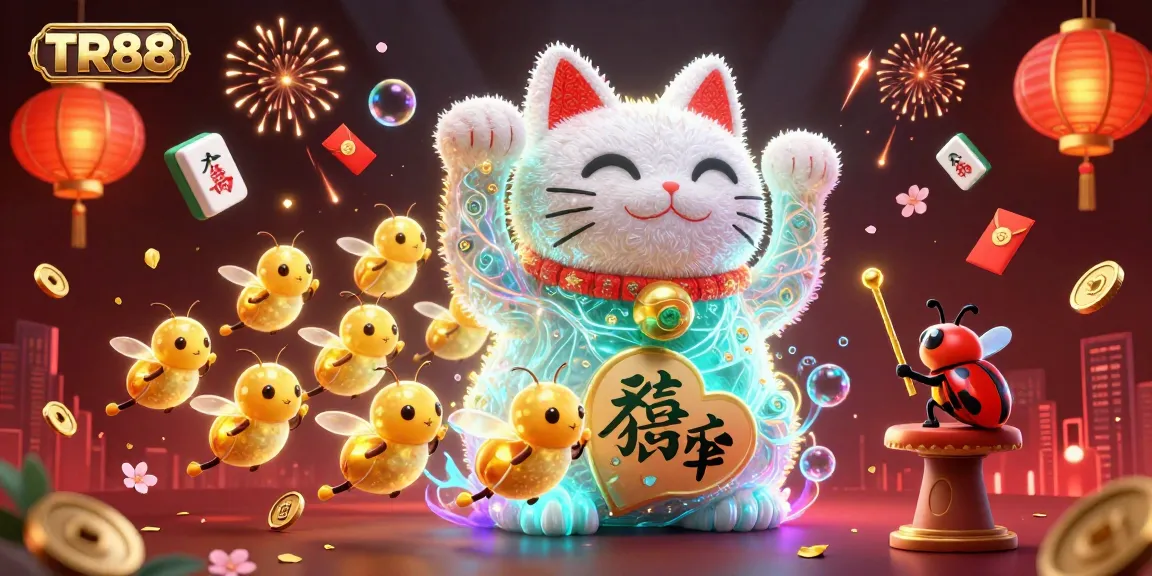 Engage with TR88's dazzling casino experience featuring a vibrant 3D lucky cat surrounded by festive game elements.