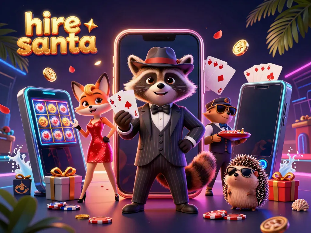 Engage with hire Santa in an exciting casino scene featuring a raccoon, fox, and hedgehog amidst vibrant gaming elements.