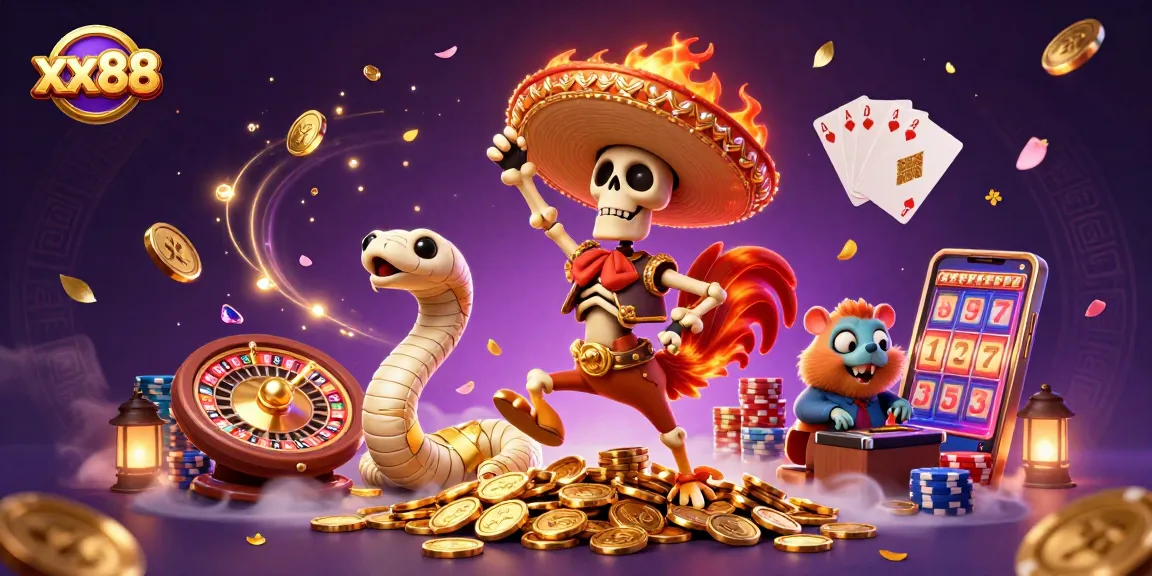 Experience exciting gaming action at xx88 with a vibrant 3D illustration of a jubilant mariachi rooster, sparkling coins, and dynamic casino elements.