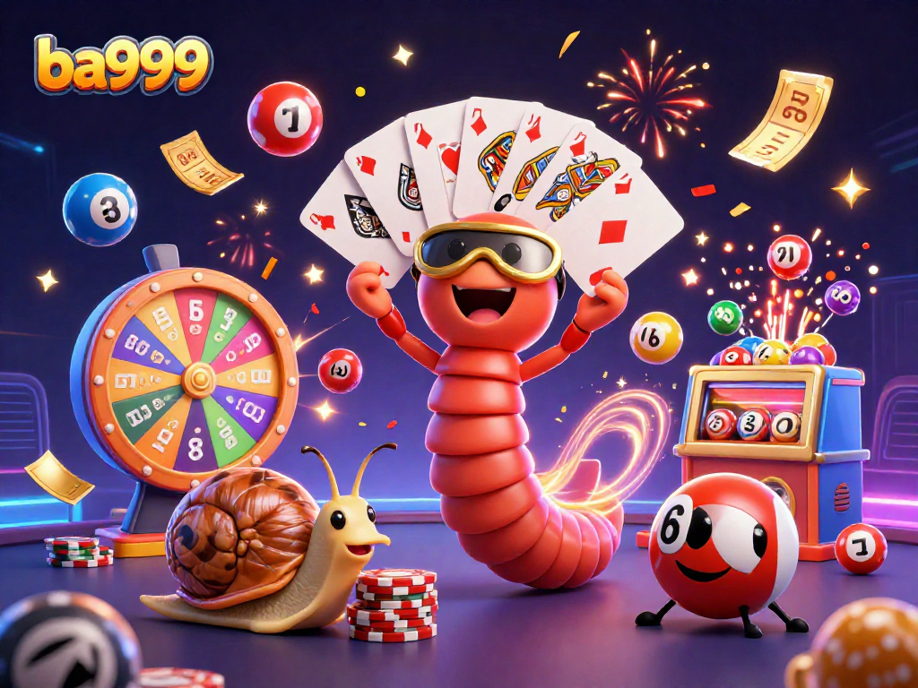 Experience the excitement at ba999 with a vibrant 3D casino illustration showcasing colorful lottery elements and dynamic characters.