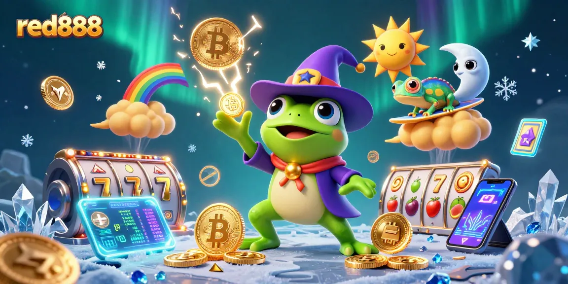 Experience excitement with red888 as a wizard frog conjures golden coins amidst a vibrant casino scene.