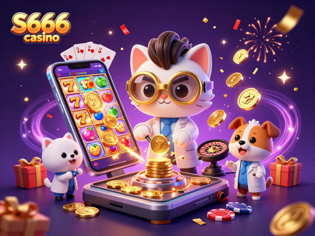 S666 casino showcases a lively scene with a mad scientist cat and lab assistant dog amidst spinning slot reels and golden coins.