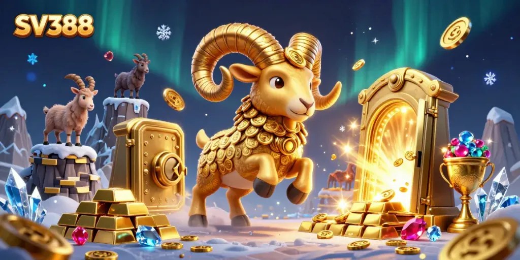 SV388 showcases a dynamic golden ram charging, symbolizing excitement in online cockfighting.