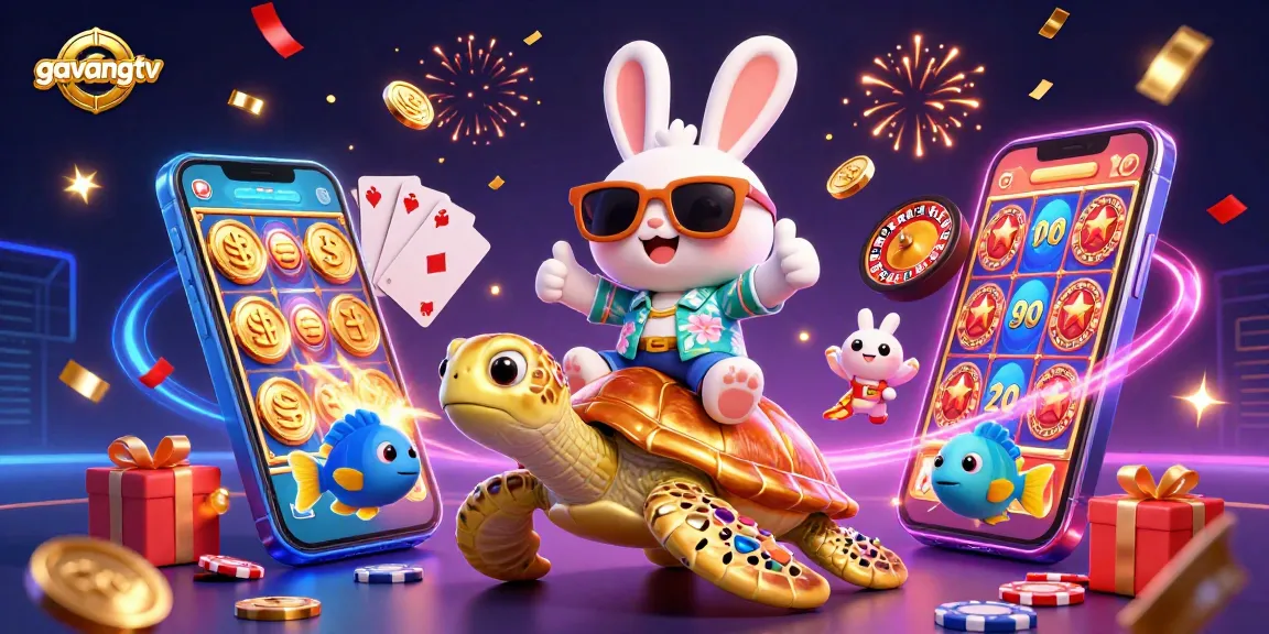 Experience thrilling gambling moments with gavangtv showcasing a 3D lucky rabbit and golden turtle amidst rich casino elements.
