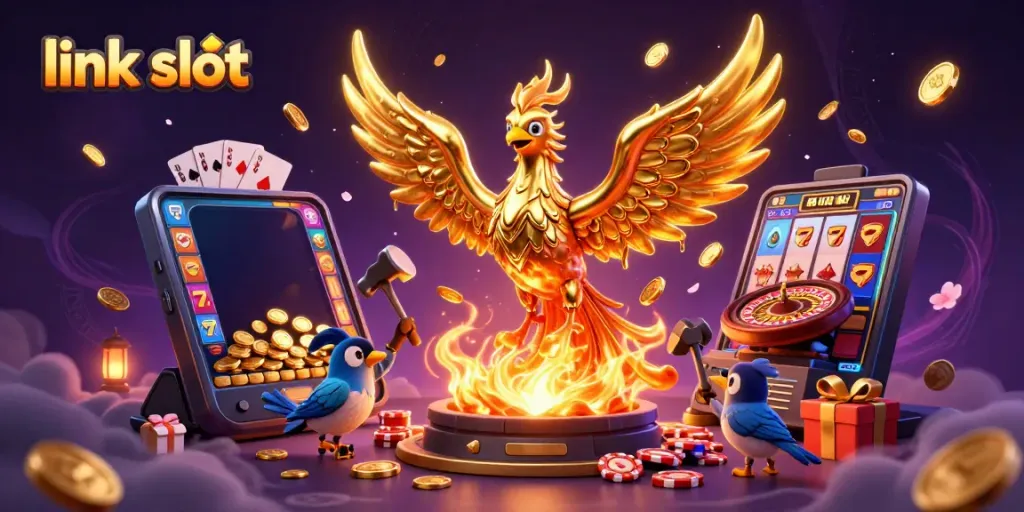Experience the thrill of link slot with a golden phoenix emerging from coins in a vibrant casino scene.