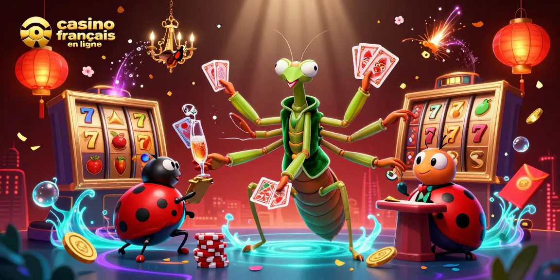 Découvrez le casino français en ligne avec une ambiance spectaculaire, entouré de symboles de jeu et de décorations chatoyantes.