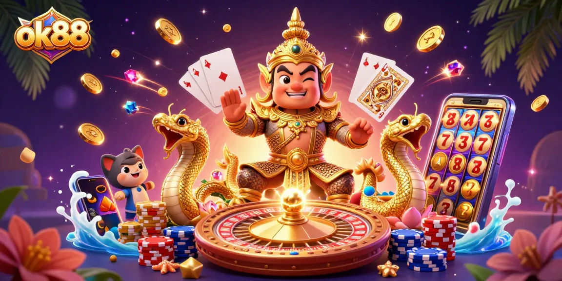 Win big with ok88 at this vibrant casino scene featuring a temple guardian and dynamic game elements.