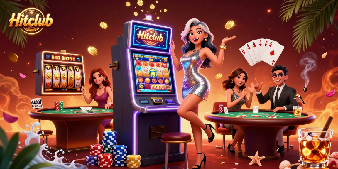 Hitclub offers excitement as a gorgeous Asian woman celebrates amidst dynamic slot reels and poker elements.
