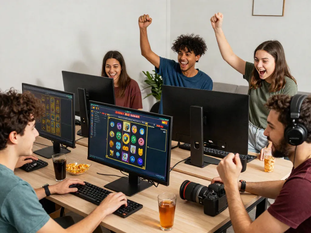 Grup teman bermain slot777 online dengan antusias di ruang gaming.