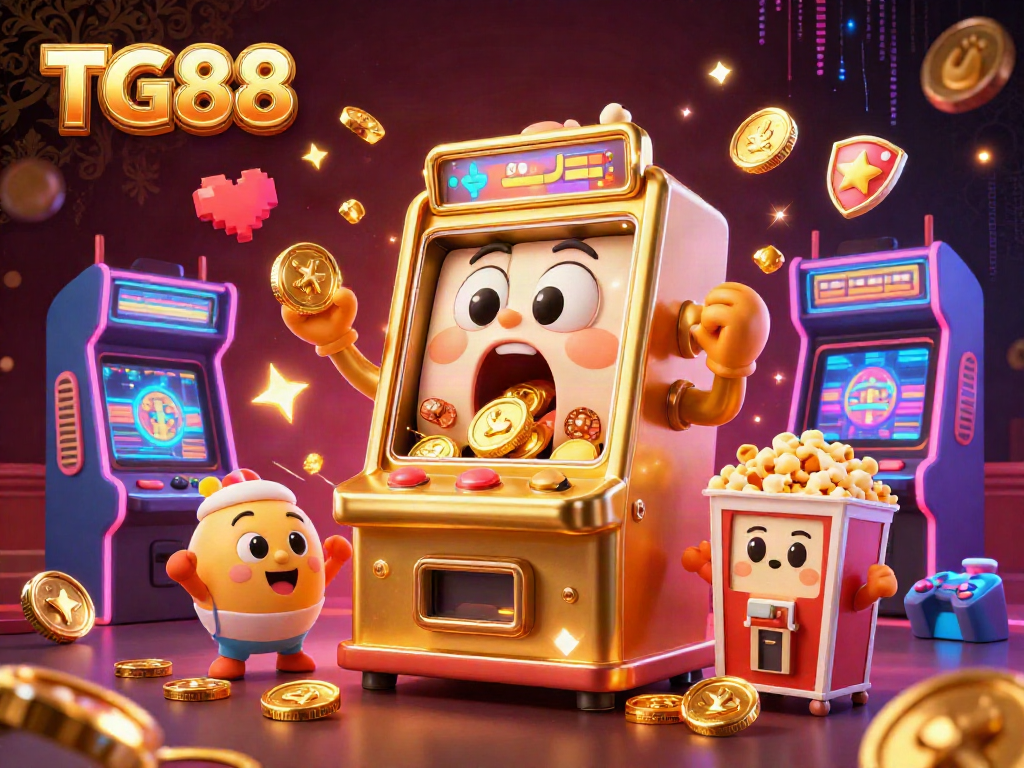 TG88 slot machine celebrating a jackpot with coins spilling out, amidst vibrant casino elements.