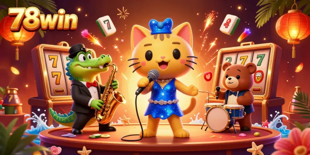 Engage with exciting slots at 78win with a lively jazz-singer cat, saxophone croc, and drumming bear.